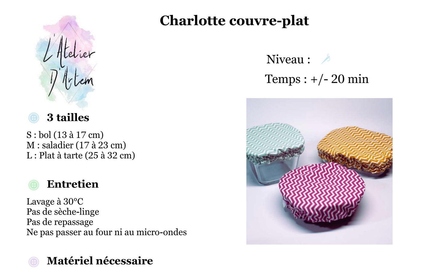 Charlotte couvre-plat 3 tailles - Patron PDF